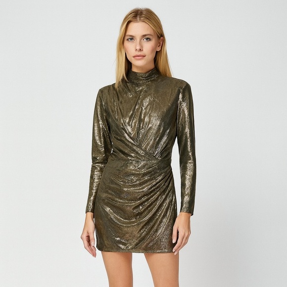 NWT Mac Duggal Metallic Cowl Neck Mini Dress Long Sleeve Antique Gold 2 #9802 - Picture 1 of 6
